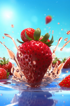 red splash background strawberry water healthy freshness blue fresh fruit food. Generative AI.の素材
