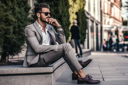 man adult beard look portrait fashion young business lifestyle urban phone. Generative AI.の素材