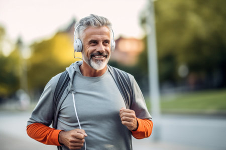run caucasian old lifestyle men exercising outdoors sport earphones senior fitness. Generative AI.の素材