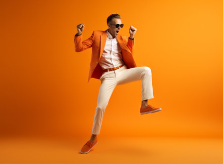 Trendy man black student guy adult air male motion handsome excited fashion success orange style jumpの素材