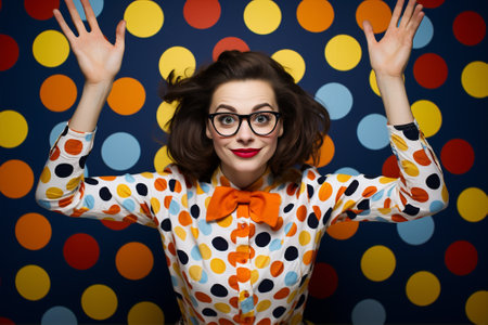 Color woman happy stylish fashionable elegant young smiling glasses trendy beauty emotion polka dots portraitの素材