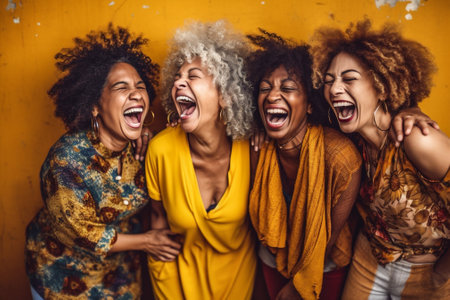 females fun group young lifestyle american yellow laugh happy african friends. Generative AI.の素材