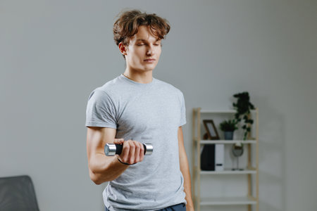 man lifestyle sport indoor gray exercising activity training dumbbells home healthの写真素材