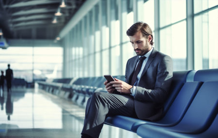 passenger man trip journey business airplane businessman young flight airport traveler. Generative AI.の素材