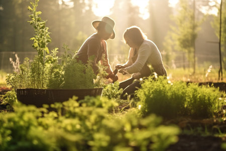 sunlight kids summer young planting garden nature family girls green. Generative AI.の素材
