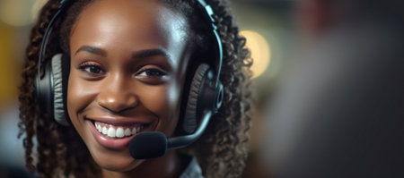woman office secretary operator communication headset computer business service support smile. Generative AI.の素材