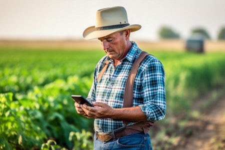 man agricultural internet nature farmer farming wheat tablet crop technology field. Generative AI.の素材