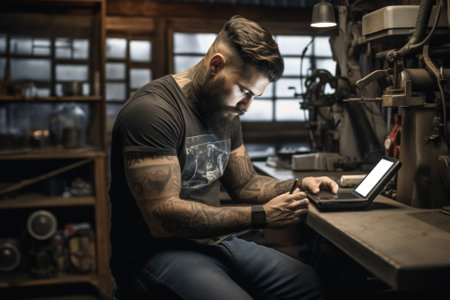 One man workplace digital artist tattoo working computer caucasian table art laptop job business office penの素材
