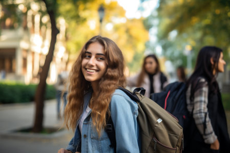 Student young asian school american outdoors happy smiling college friendship casual education walk group africanの素材