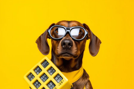 dog animal financial manager yellow finance business background humor pet funny. Generative AI.の素材