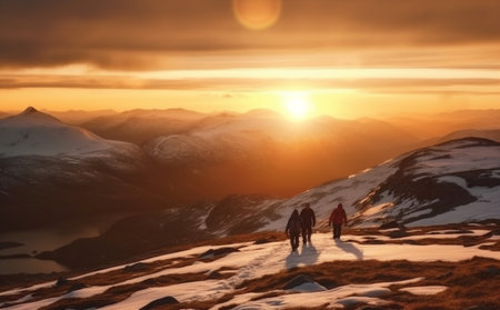 tourist man extreme mountain walking trekking nature lifestyle group hiking travel. Generative AI.の素材