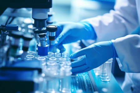 biotechnology laboratory hand experiment research tube science medical medicine test. Generative AI.の素材