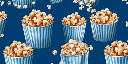 cinema entertainment snack corn blue popcorn white movie box food background. Generative AI.の素材