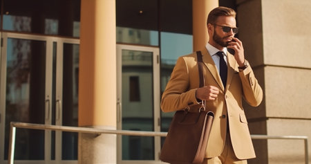 handsome lifestyle coach men male adult modern phone suit businessman young. Generative AI.の素材