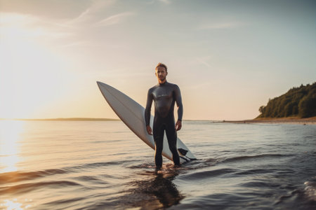 blue man male beach surfing sea ocean person sport surfer surfboard. Generative AI.の素材