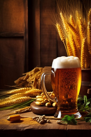pub gold beverage glass alcohol beer lager pint foam drink. Generative AI.の素材