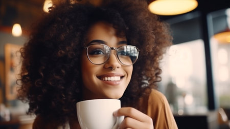 Woman mug drink break attractive cup hot afro lifestyle smile american black enjoy modern happy hairの素材