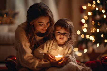 gift lights christmas kid caucasian new present holiday year family. Generative AI.の素材