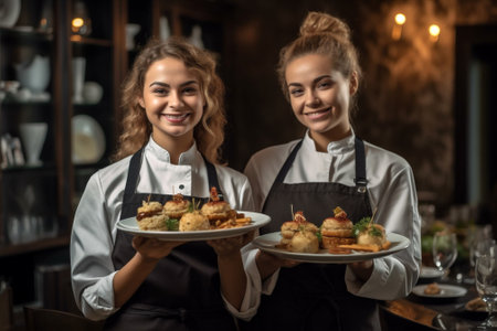 restaurant woman holding smile standing pretty food waiter indoors portrait job. Generative AI.の素材