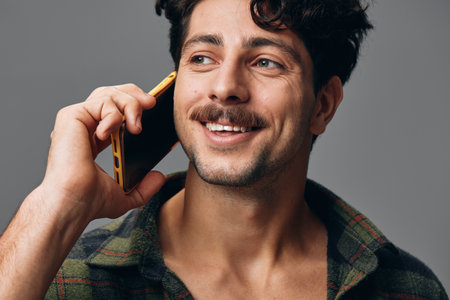 Person man happy stylish studio background isolated technology phone grey lifestyle head serious smileの写真素材