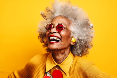 young females fun yellow group african american happy friends laugh lifestyle. Generative AI.の素材