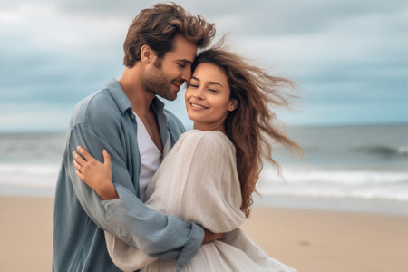 adult woman fun summer young happiness sea holiday happy smiling couple. Generative AI.の素材