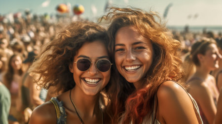 Photo for woman couple happiness young adult holding happy smiling summer holiday fun. Generative AI. - Royalty Free Image