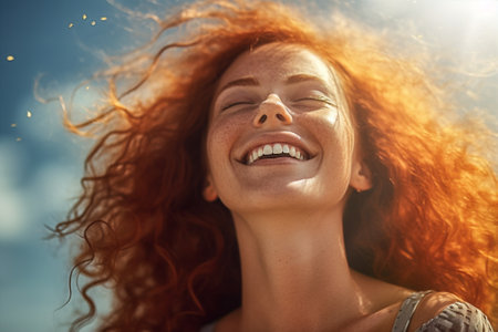 sunset woman young beauty freckles smile portrait face red hair happy. Generative AI.の素材