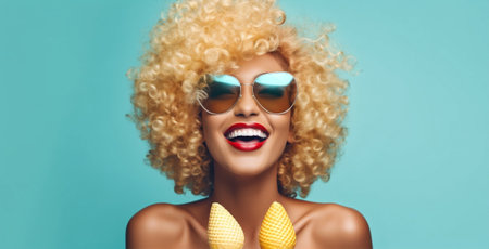 woman smile hipster beauty sunglasses fun yellow curly summer ice cream. Generative AI.の素材