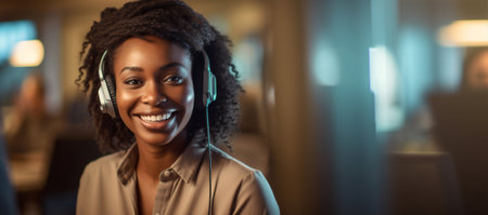 woman smile service communication headset secretary operator support business call office. Generative AI.の素材