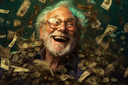 man old happy space beard gold copy dollar winner money portraits face. Generative AI.の素材
