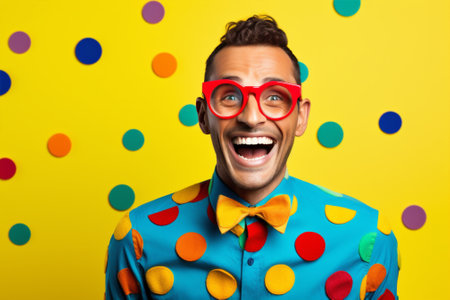 Hipster man trendy fashion polka style crazy fun casual dots smiling background guy caucasian retro concept whiteの素材