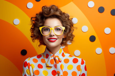 Trendy woman color beauty happy smiling dress polka dots fashionable stylish attractive young portrait glasses sunglassesの素材