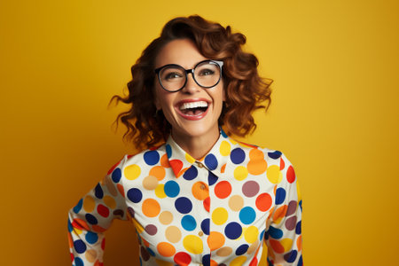 Dots woman trendy beauty lifestyle stylish gorgeous young glasses polka fun fashionable blue female cheerful smiling happyの素材
