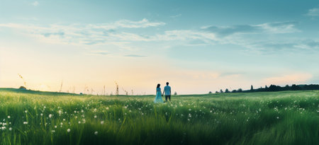 Woman male man field summer romance wife couple together hands nature love holding caucasian walkingの素材