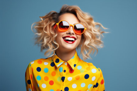 Polka woman color happy glasses young trendy dots white blue beauty lifestyle joy smiling fashionable stylishの素材