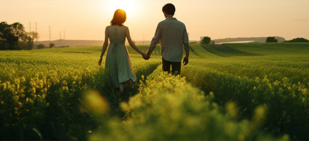 Man woman kissing romance nature romantic couple love together walking field summer male country hands attractiveの素材