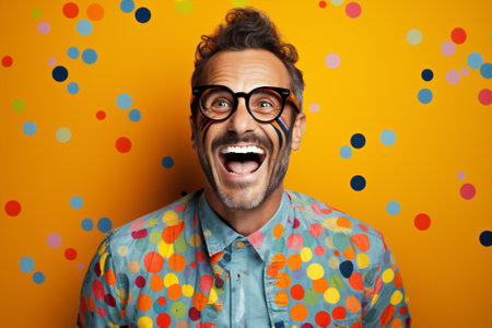 Man dots fashion crazy trendy smiling style nerd white background guy concept hair hipster polkaの素材