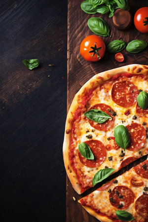 fast background food pizza crust meal italian cheese copy food space black tomato. Generative AI.の素材