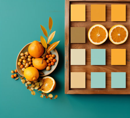 Sweet nature citrus fruits background orange food table yellow color plateの素材