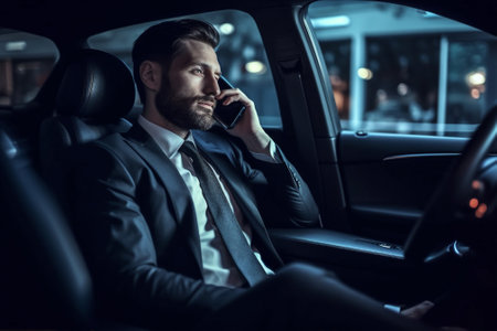 transportation young car men phone business inside window adult businessman driving. Generative AI.の素材