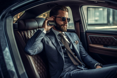 car business adult driving phone businessman transportation men young inside communication. Generative AI.の素材