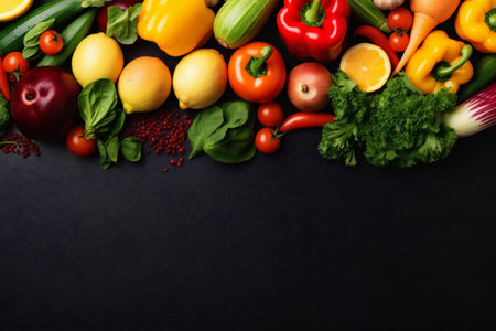 ingredient table fresh healthy vegetable black vegetarian dark cooking food background. Generative AI.の素材