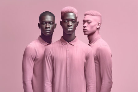 fashion man portrait businessman group studio lifestyle black trendy friends pink background. Generative AI.の素材