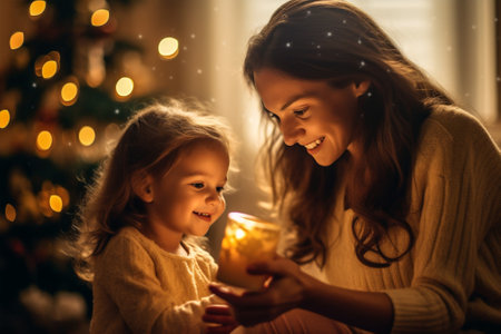 kid year christmas gift lights present holiday family caucasian new. Generative AI.の素材
