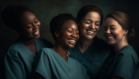 nurse group beauty caucasian health black doctor women action clinic portrait. Generative AI.の素材