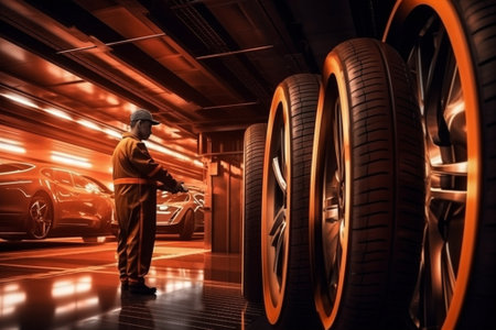 tire man inspection car auto transportation automobile worker garage vehicle mechanic. Generative AI.の素材