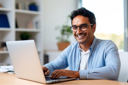 Smile man attractive office lifestyle indian online freelancer business portrait technology planning computer laptop businessmanの素材