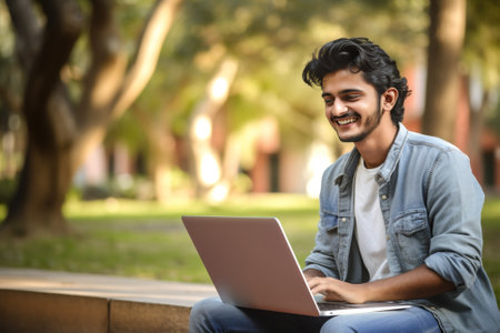 Happy person technology indian males smile businessman working men white table office sitting laptop deskの素材