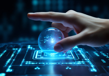 Industry interface security tech business technology virtual concept software screen hand innovation background digitalの素材